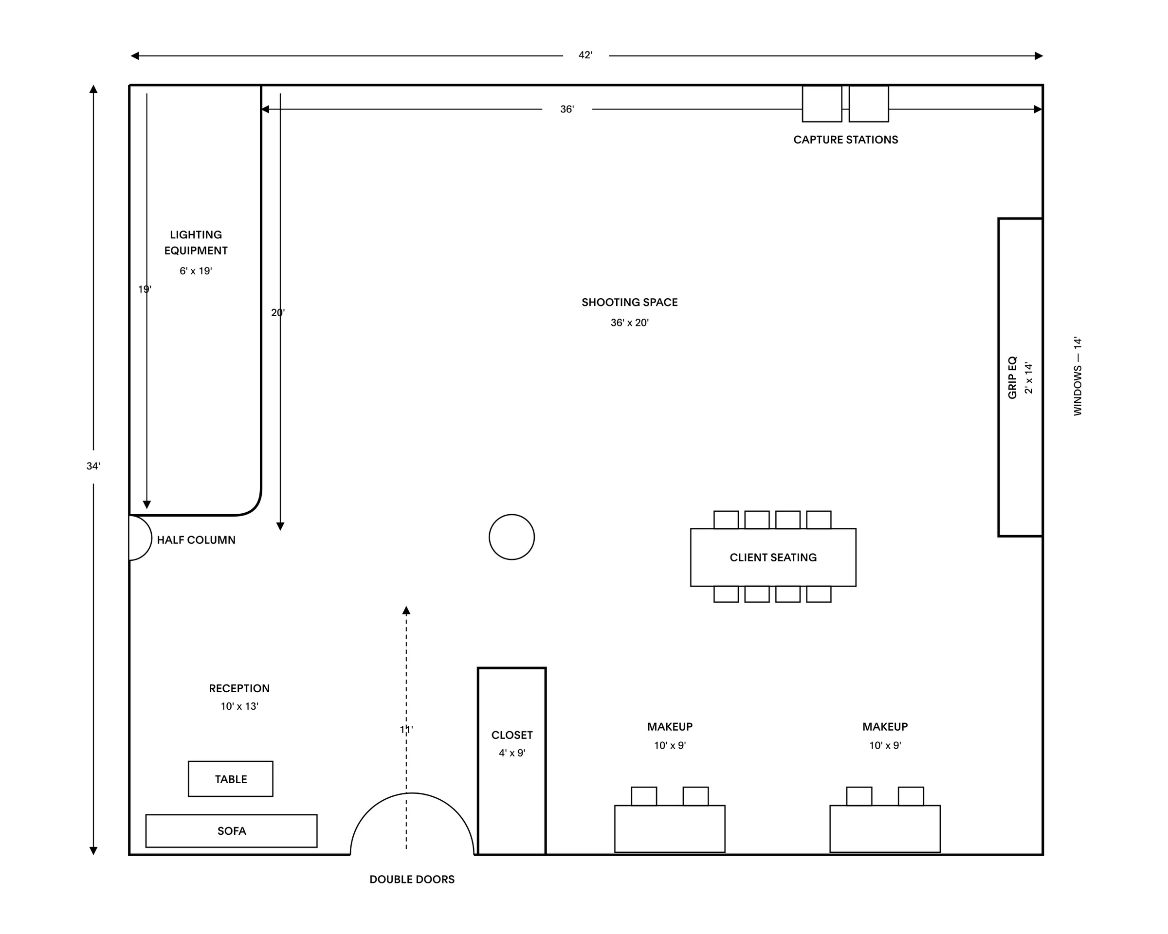 Floor plan of Studio Standard: shooting floor, equipment, capture stations, client seating, makeup rooms and reception
