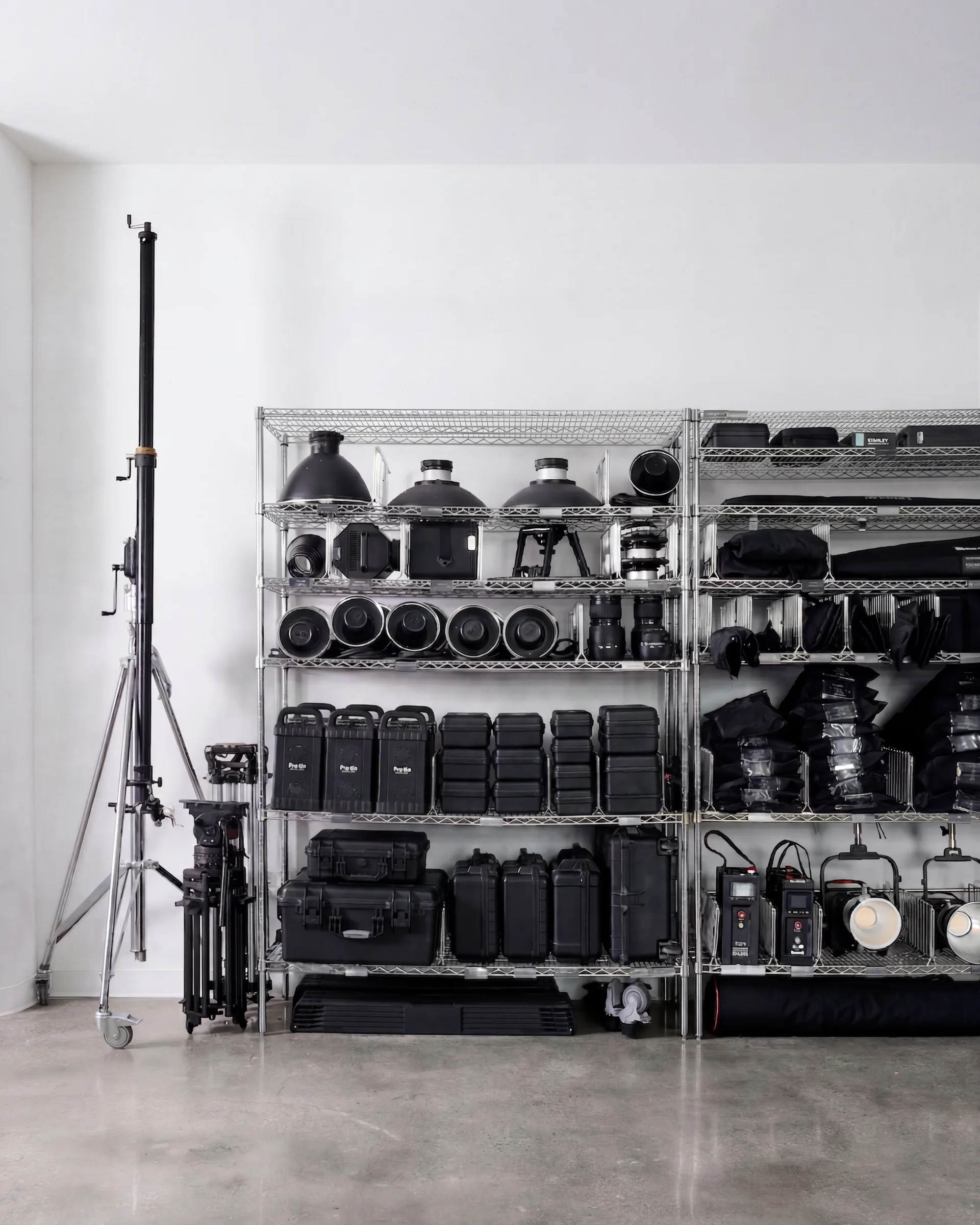 Lighting and grip equipment on wire shelves in the studio