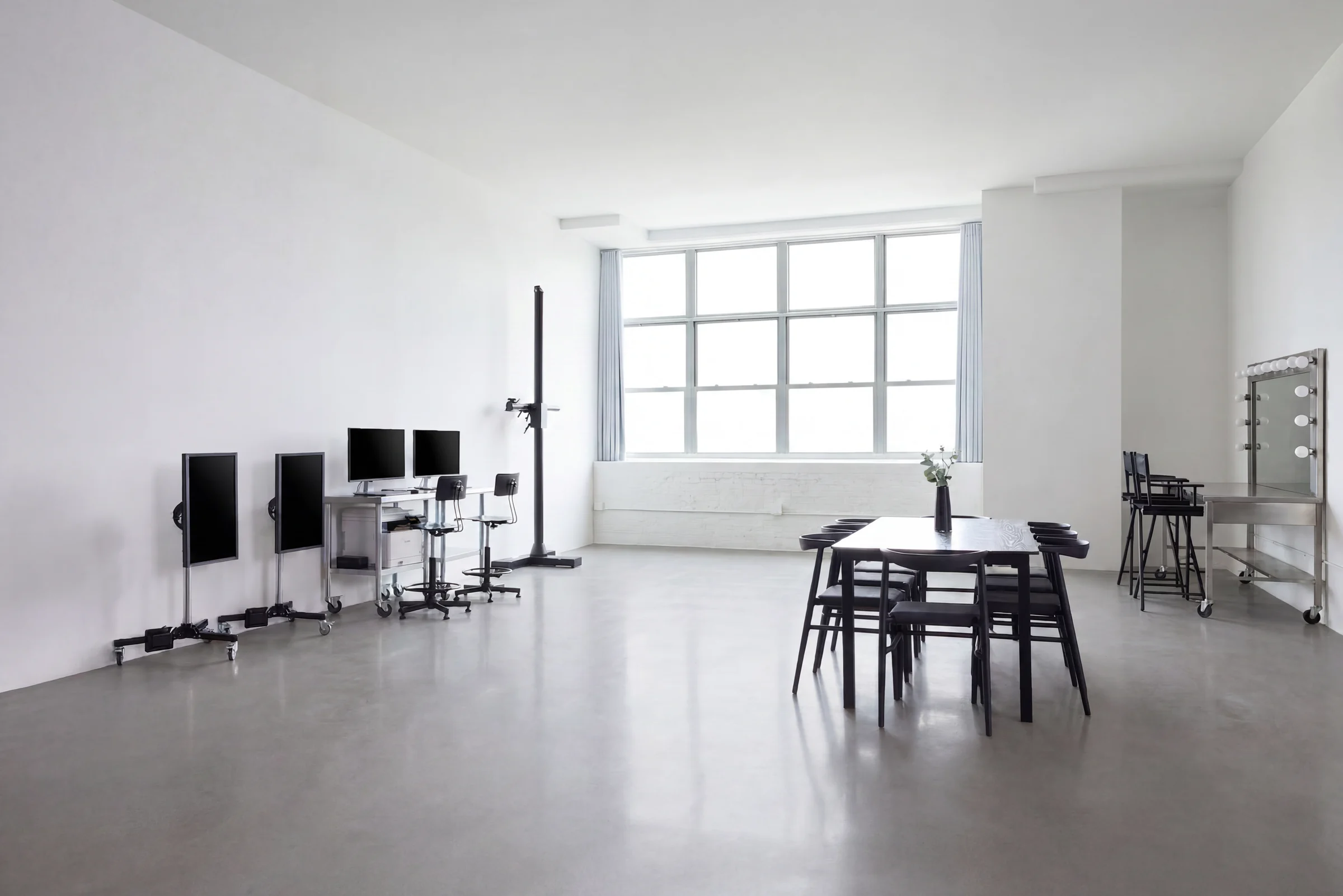 The daylight end of the studio, with monitors on stands and a work table under the windows